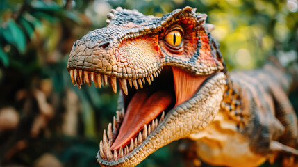 Obraz premium detailed dinosaur model with sharp teeth and vibrant colors, showcasing its fierce expression in lush green environment. Perfect for educational and entertainment purposes