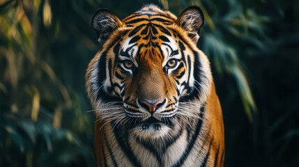 Obraz premium Majestic tiger in lush green foliage.