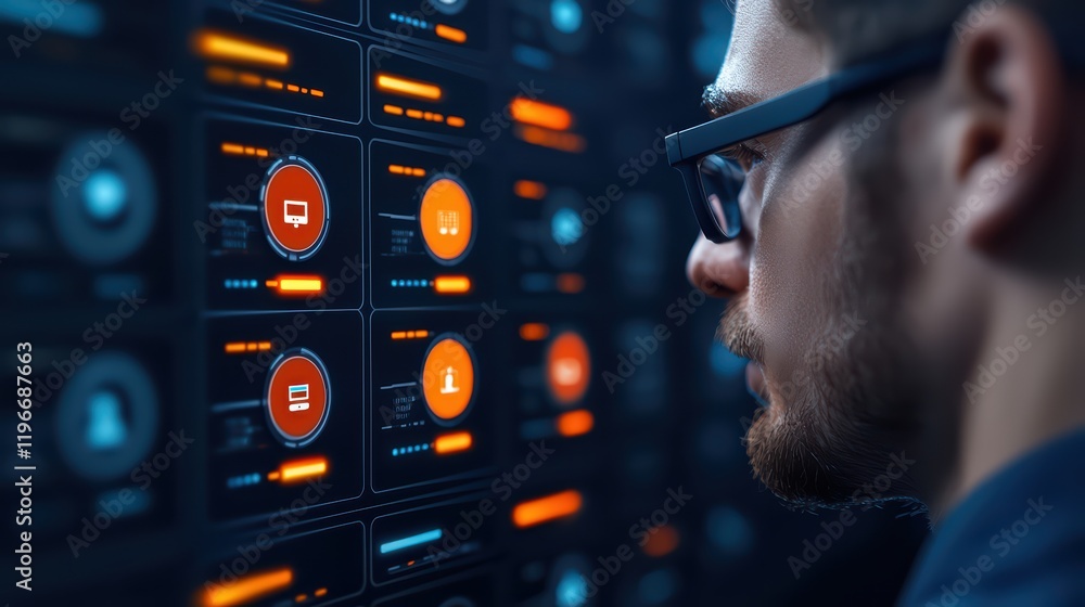 Aufkleber young man analyzing digital dashboard with user interface icons
