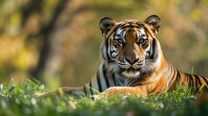 Majestic tiger resting in the grass