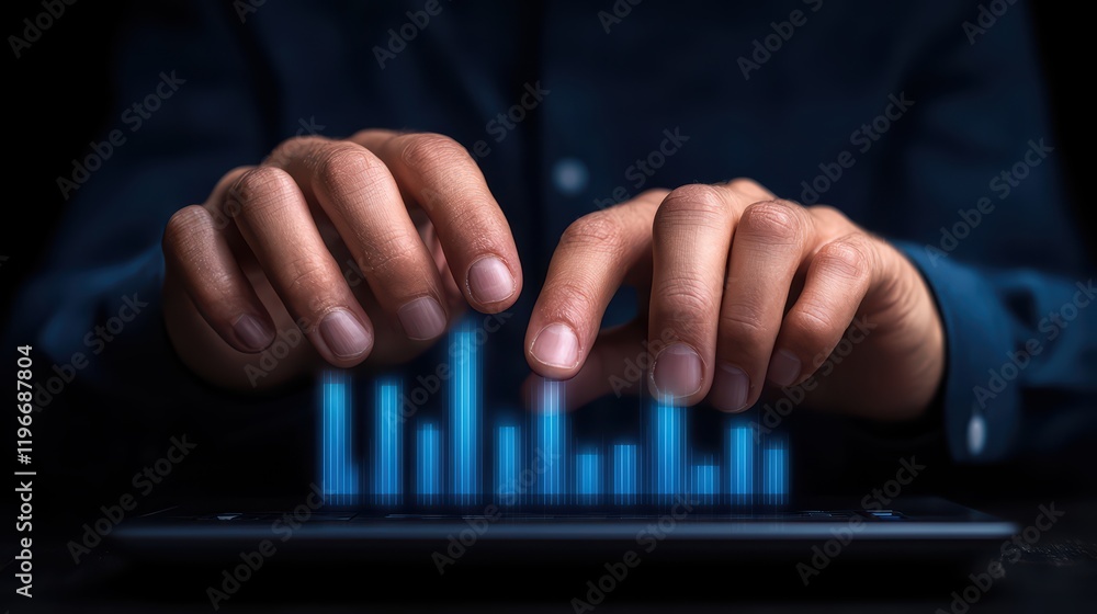 Poster hands typing on tablet with digital graph overlay in dark environment