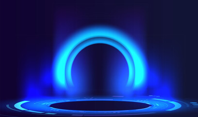 Realistic ai podium with glowing blue neon lamps in futuristic gamer design. Display scene game for presentation gamer. Empty show room with 3d stage vector background. Ai concept. © SidorArt