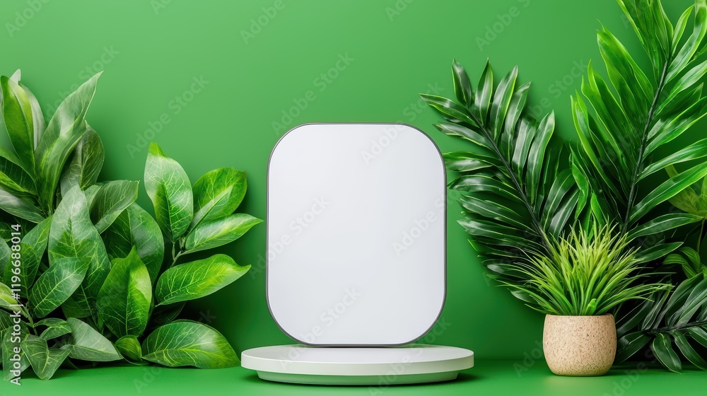 Poster minimalist display with blank product stand surrounded by greenery