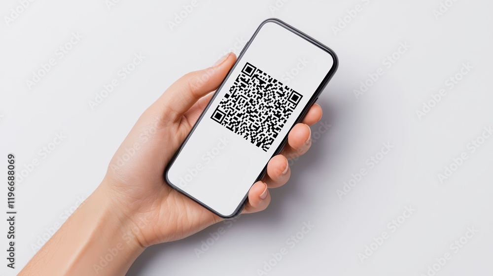 Poster hand holding smartphone displaying qr code on white background