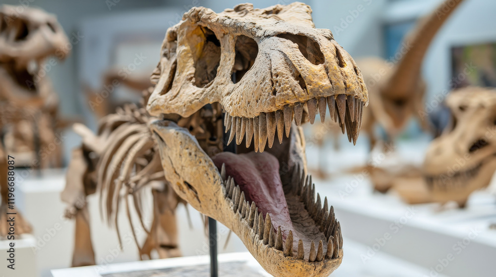 Poster ancient dinosaur skull displayed in museum, showcasing intricate details and fossilized features. fa