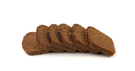 Black rye bread isolated, dark brown sliced loaf, sourdough borodinsky rugbrod square slices
