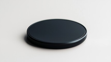 A sleek, round black object rests on a light surface, showcasing a minimalist design.