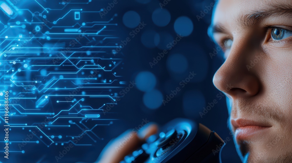Poster focused gamer with controller and digital circuitry background