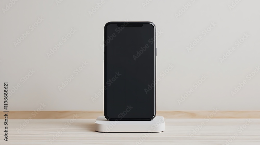 Poster a sleek smartphone sits on a minimalist charging dock against a plain background, showcasing modern 