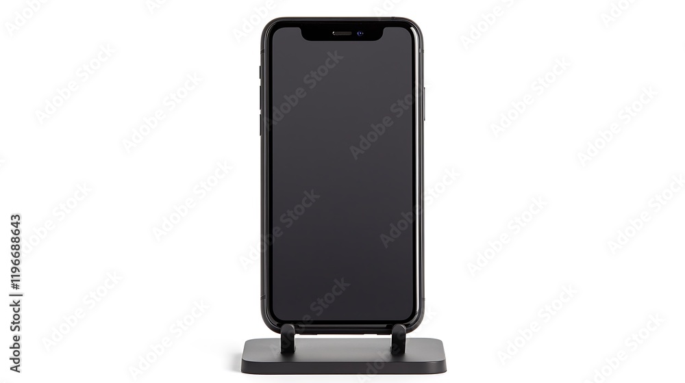 Poster a sleek black smartphone resting on a minimalistic stand, showcasing its modern design and empty scr