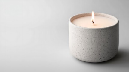 A simple, elegant candle in a textured white container, softly lit against a neutral background, creating a calming ambiance.