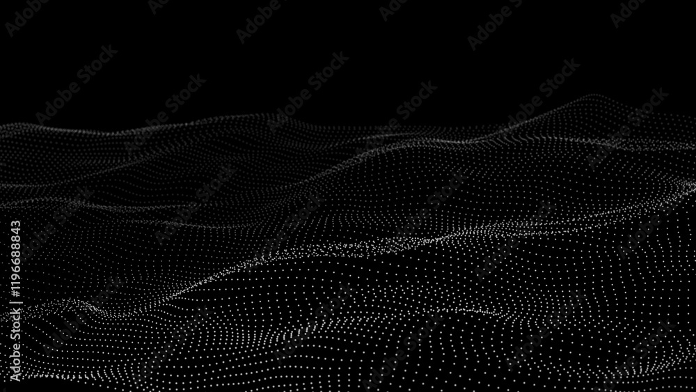 Poster Dynamic wave with many dots. Abstract background of dots movement. Technology or science. 3D rendering.