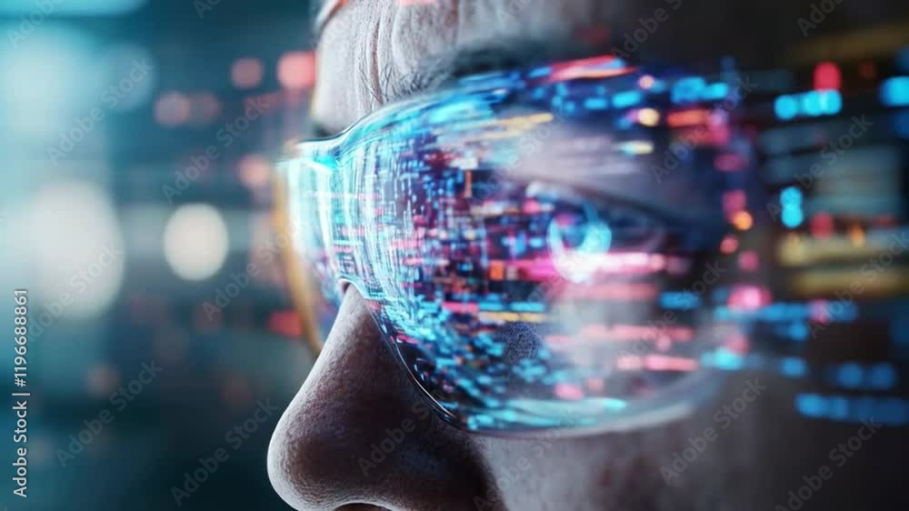 Poster Advanced augmented reality glasses display vital data and analytics for effective cyber defense.