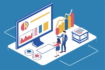 Business analytics, data visualization, digital marketing strategy, financial charts, growth statistics, computer monitor, office workspace, professional presentation, colorful infographics, bar graph