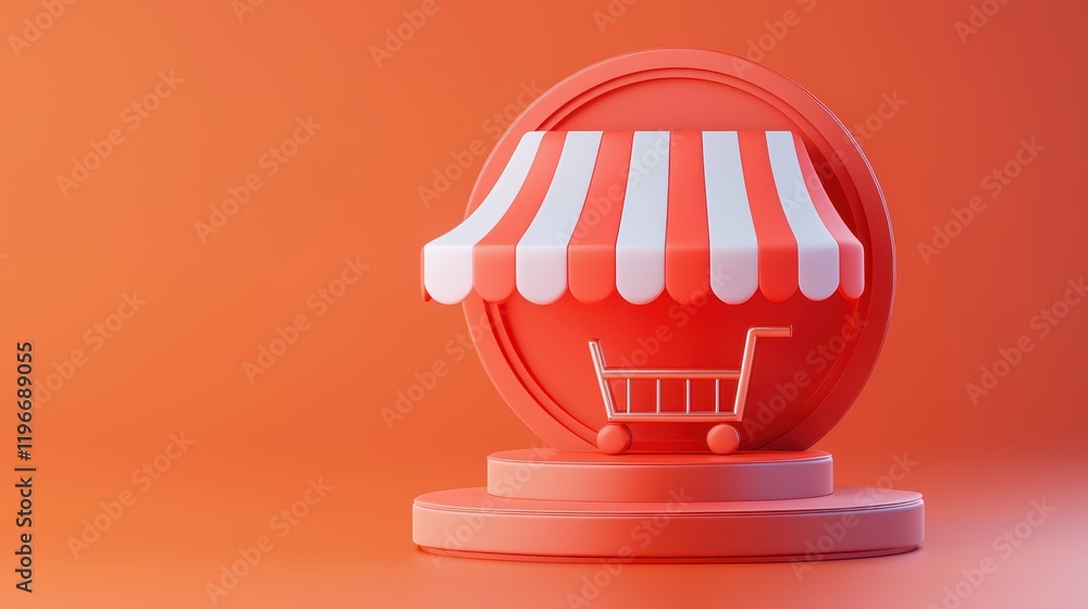 Poster 3d render of shopping cart and storefront on orange background