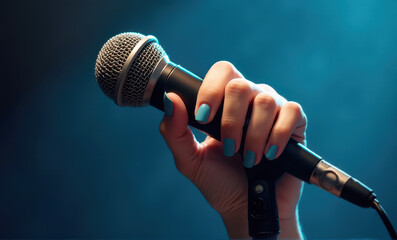 A woman's hand with a beautiful manicure holding a microphone close-up on a plain blue background