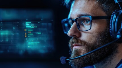 Focused Male Gamer in Headset with Computer Screen in Background