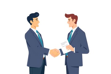 Fototapeta premium Sealing the Deal: Two confident businessmen in suits shake hands, a document symbolizing agreement held in the forefront, capturing the essence of a successful partnership. 