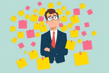 Fototapeta premium Overwhelmed Businessman: A stylish illustration of a businessman surrounded by numerous sticky notes, symbolizing a heavy workload, stress, and the challenges of modern business life.&nbsp;