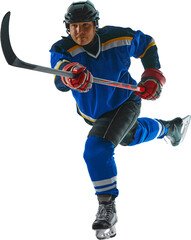 Committed hockey athlete showcases mastery of attack and pass techniques against transparent background. Concept of professional sport, competition, movement, energy, tournament, match. Ad