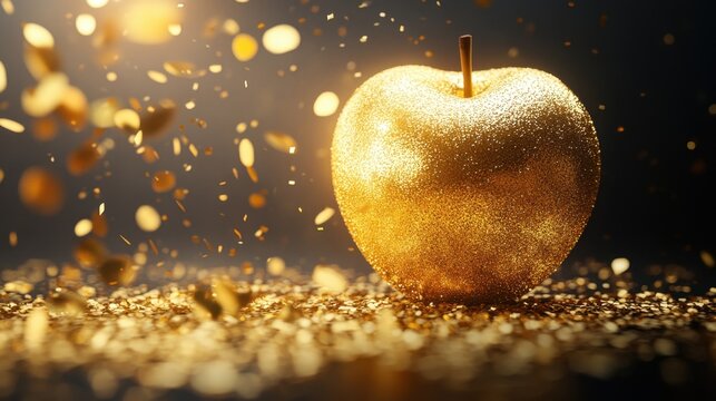 A sparkling golden apple surrounded by glittering gold confetti