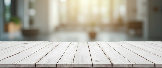 white wood table top on blurred abstract background	
