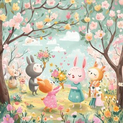 Adorable Animal Friends Exchange Flowers In Springtime Blossoms