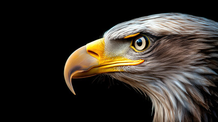 Fototapeta premium Majestic eagle with sharp features and intense gaze against black background. This stunning portrait captures beauty and power of this magnificent bird of prey
