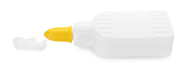 Bottle and stain of glue isolated on white