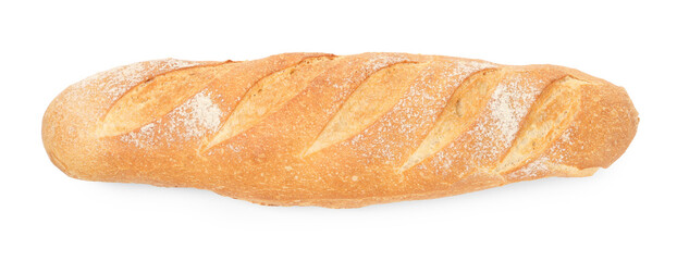 One freshly baked baguette isolated on white, top view