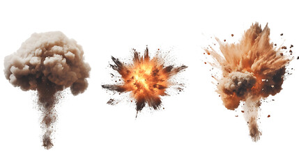 Three dramatic explosions with billowing smoke and vibrant color transparent background, PNG