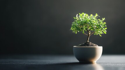 A tiny bonsai tree in a porcelain pot, placed on a sleek black background