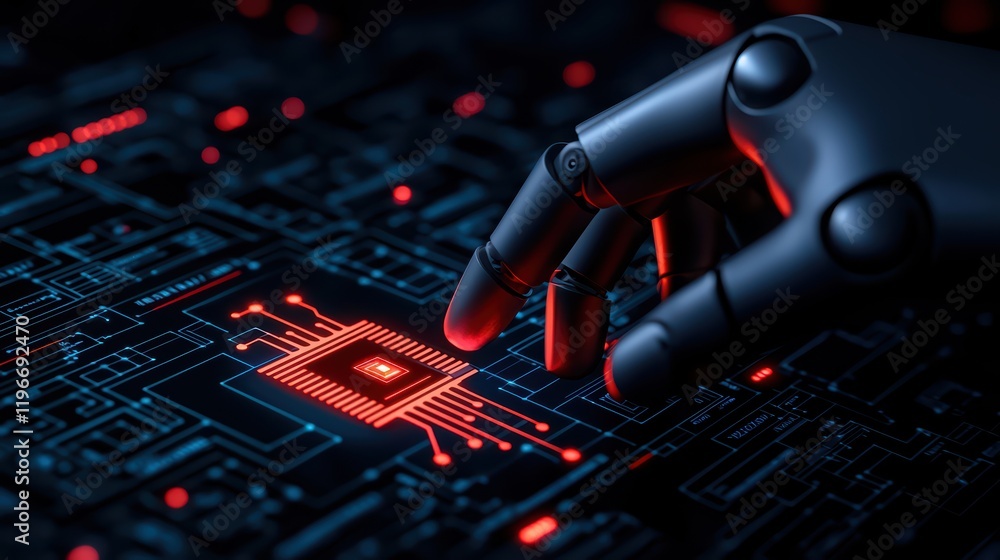 Poster robotic hand engaging with microchip in high-tech digital environment
