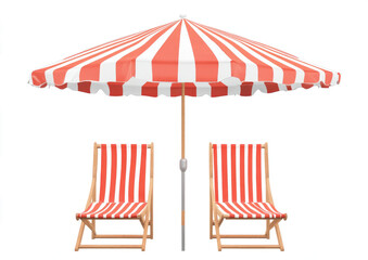 
Beach umbrella with red and white stripes next to two deck chairs, isolated on a transparent background, in a flat lay composition. 