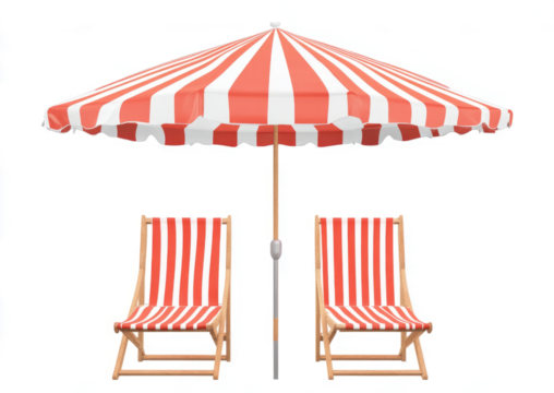 
Beach umbrella with red and white stripes next to two deck chairs, isolated on a transparent background, in a flat lay composition. 