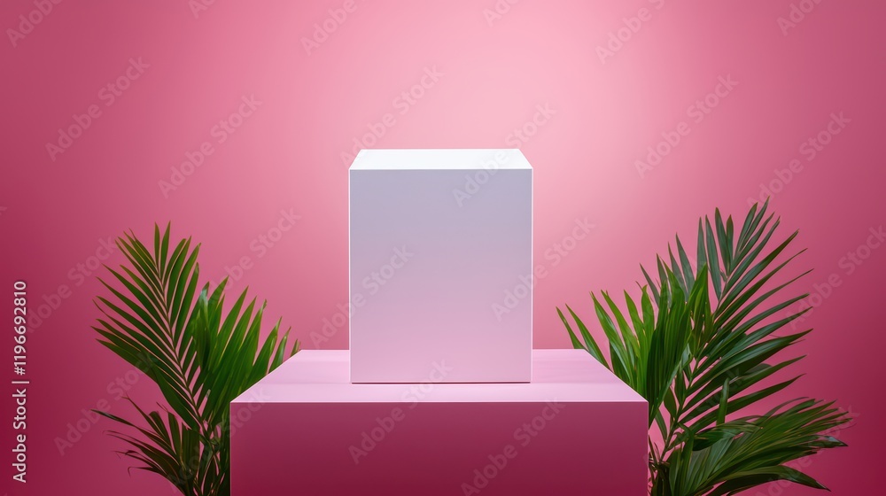 Poster minimalist display with white cube and green palms on pink background