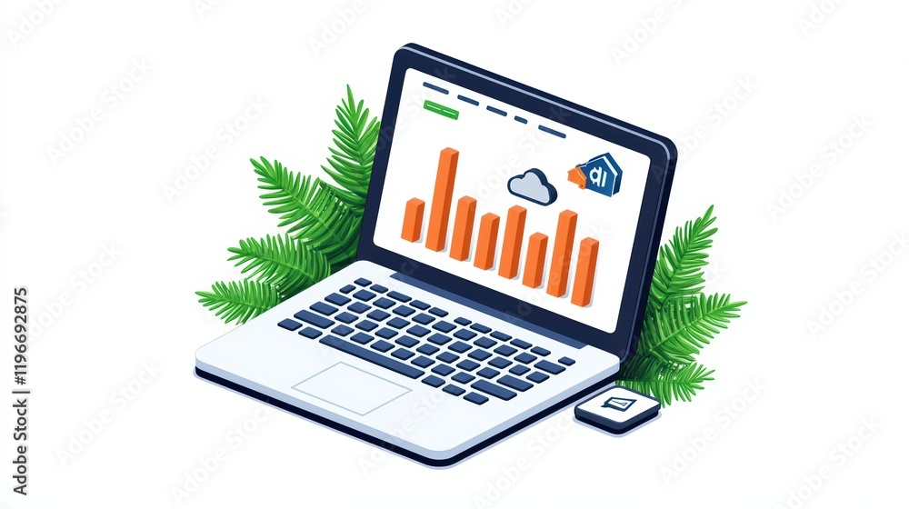 Poster laptop with analytics graph and cloud data visualization concept