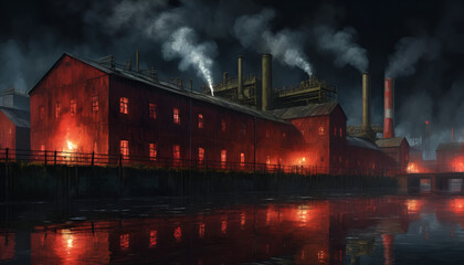 smoke in the city city Industrial refinery at dusk with glowing red lights and smoke rising from chimneys, creating a dramatic