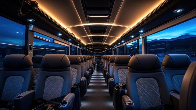 Luxurious coach bus interior at night, showing comfortable seats and ambient lighting.