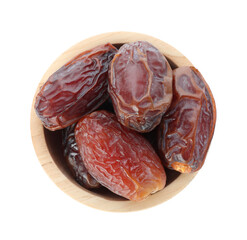 Tasty dried dates in bowl isolated on white, top view