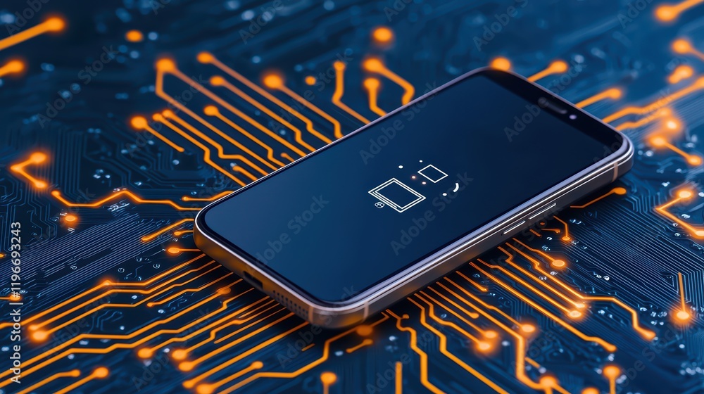 Poster smartphone display on circuit board background with digital elements