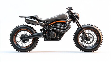 Sleek black motorcycle with chunky tires, side view on white background.