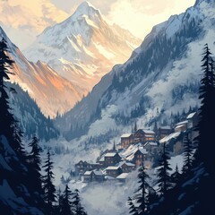 Fototapeta premium Mountain Village nestled in a snowy valley at sunset