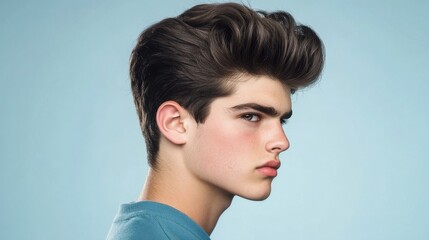 A voluminous quiff hairstyle on a young man, shot against a pastel blue background
