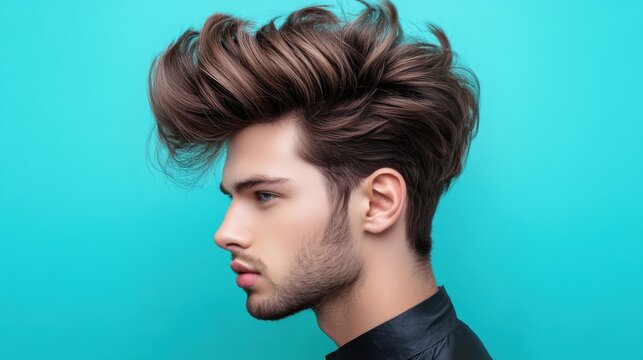 A voluminous quiff hairstyle on a young man, shot against a pastel blue background