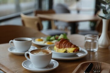 Delicious breakfast served on wooden table in cafe