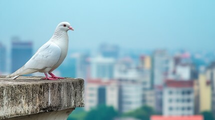 Obraz premium A white dove perched on a stone ledge with a blurred cityscape background