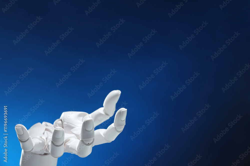Poster artificial intelligence. robot hand gesturing on dark blue background, space for text