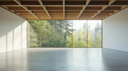 a room with a large window and a view of the woods
