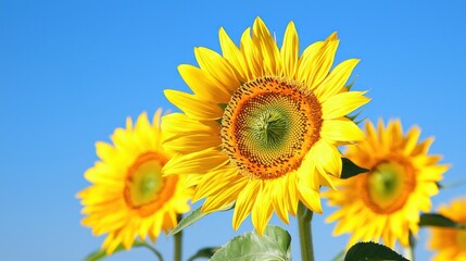 Obraz premium Bright sunflowers against a clear blue sky, showcasing nature's beauty.